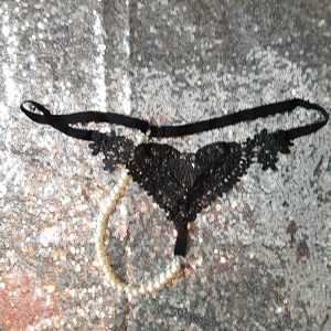 ⚜ black lace HEART panties w/ pearls lingerie ⚜
